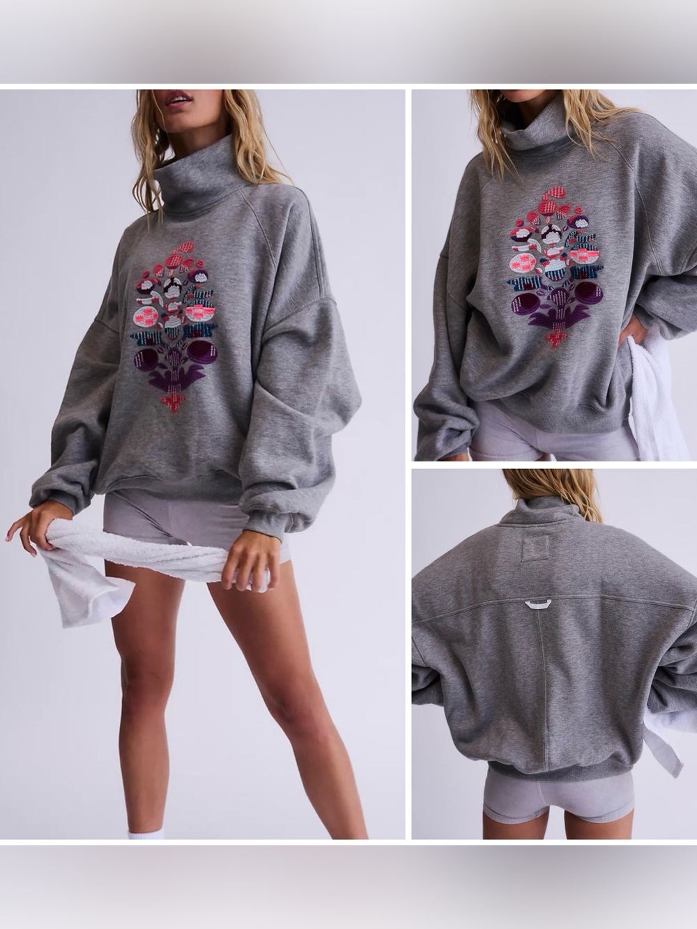 NWT Free People FP Movement On Your Mark Mock Neck Logo Pullover - grey - XS, S